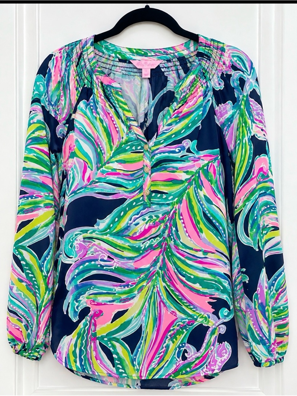Lilly Pulitzer Elsa Navy Multicolor Tropical Leaf-Print Blouse